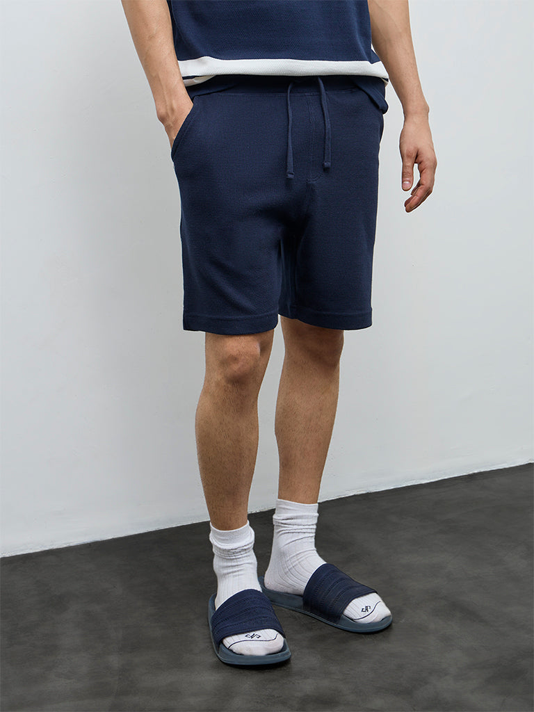 WES Lounge Navy Waffle-Textured Relaxed-Fit Mid-Rise Cotton-Blend Shorts
