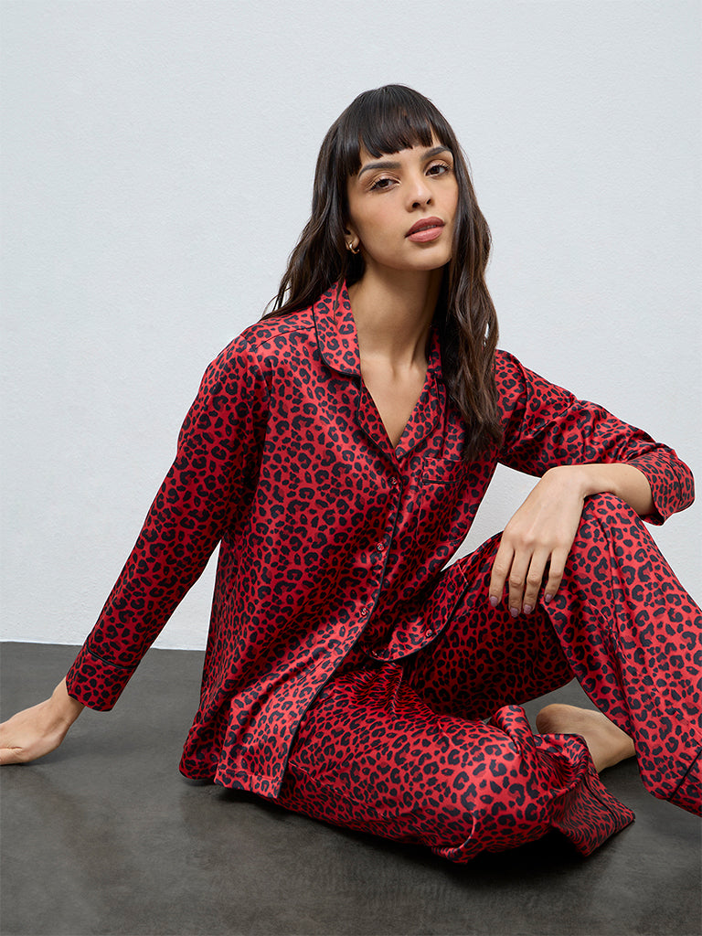 Wunderlove Red Animal Printed Shirt and Pyjamas Set