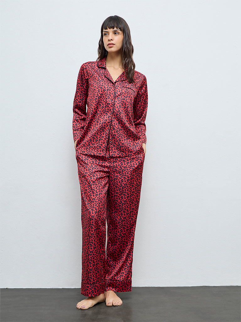 Wunderlove Red Animal Printed Shirt and Pyjamas Set