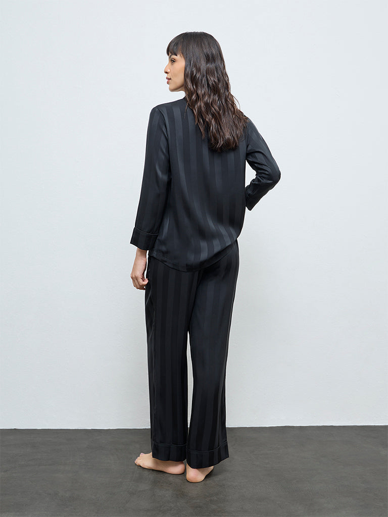 Wunderlove Black Striped Satin Shirt and Pyjamas Set