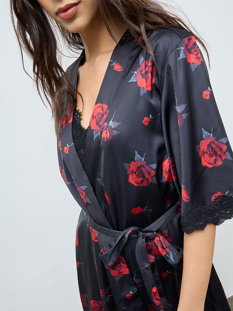 Wunderlove Black Floral Robe with Belt
