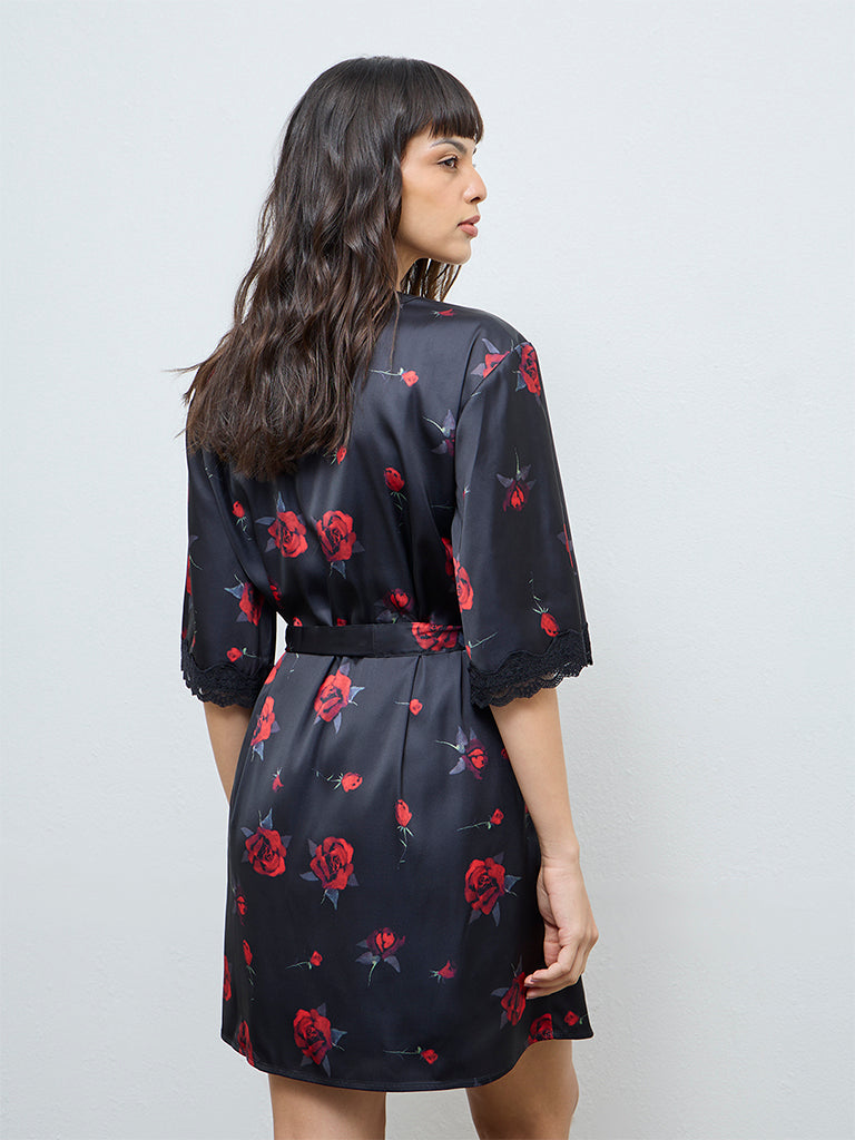 Wunderlove Black Floral Robe with Belt