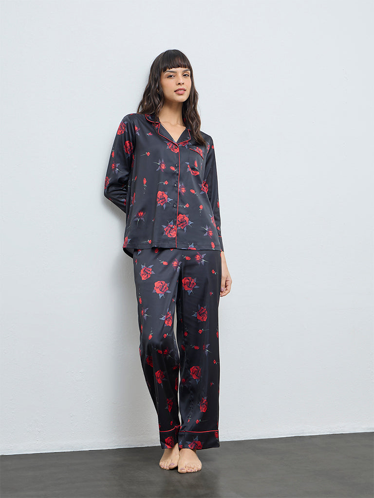 Wunderlove Black Floral Shirt and Pyjamas Set