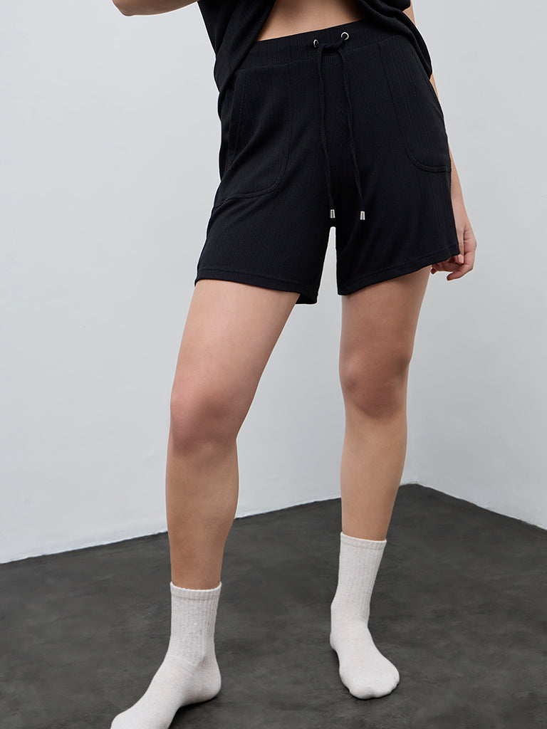 Wunderlove Black Ribbed-Textured High-Rise Shorts