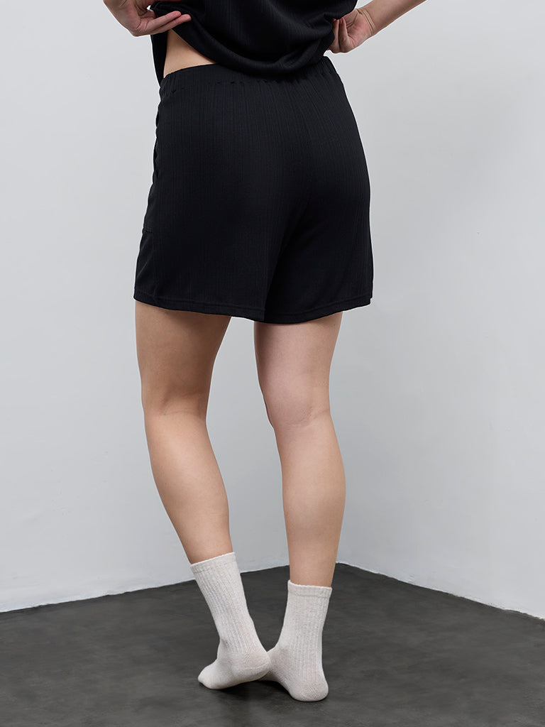 Wunderlove Black Ribbed-Textured High-Rise Shorts