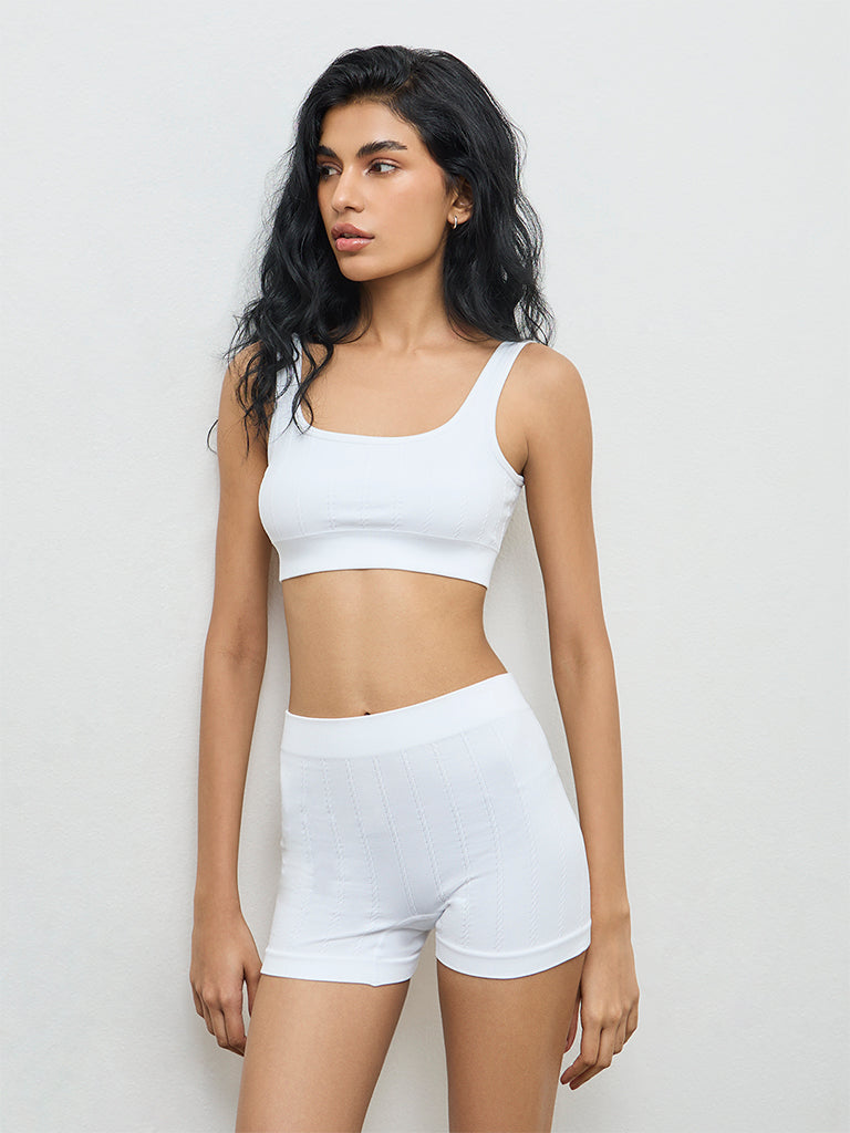 Superstar White Textured Seam-Free Mid-Rise Boy Shorts