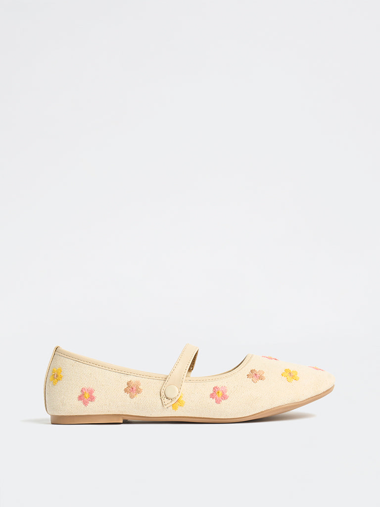 Yellow Beige Floral Embroidered Ballerinas
