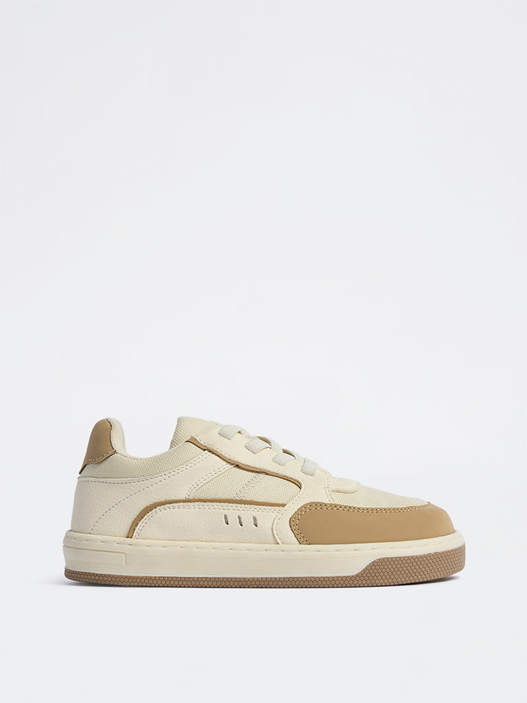 Yellow Beige Colour-Blocked Lace-Up Sneakers