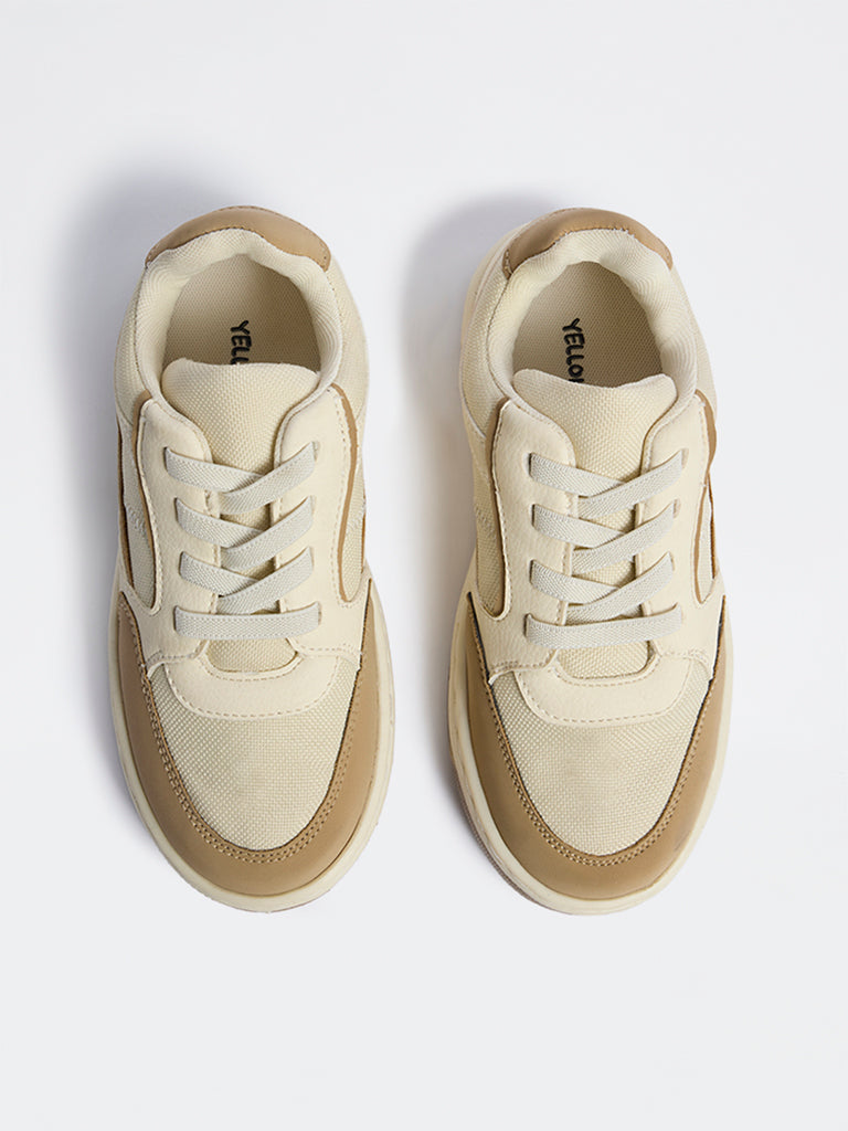 Yellow Beige Colour-Blocked Lace-Up Sneakers