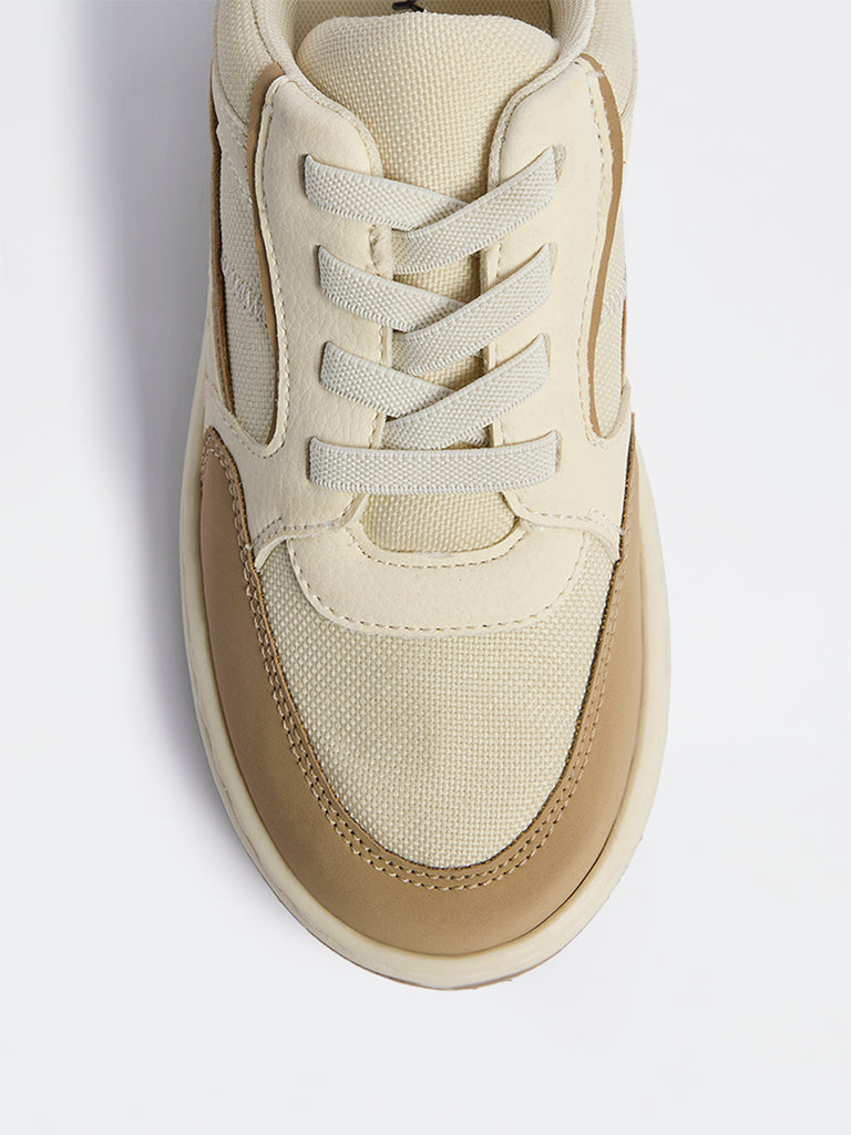 Yellow Beige Colour-Blocked Lace-Up Sneakers