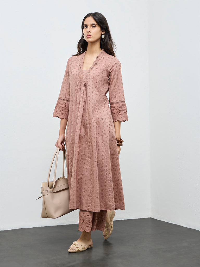 Zuba Brown Schiffli Embroidered Anarkali Kurta