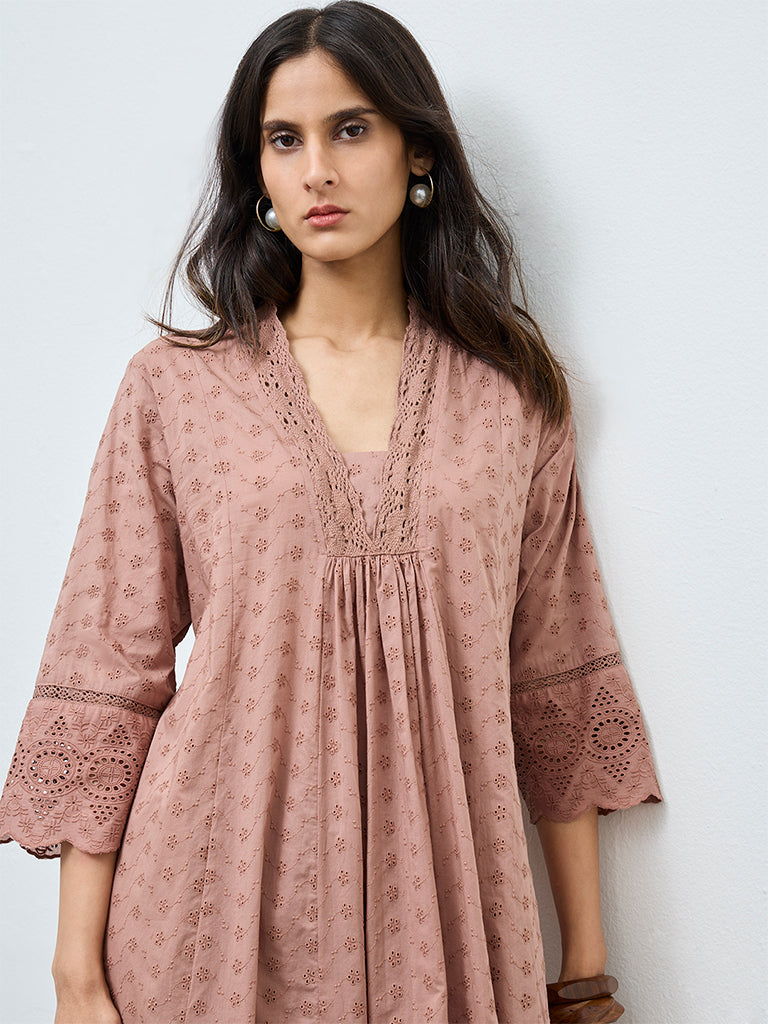 Zuba Brown Schiffli Embroidered Anarkali Kurta