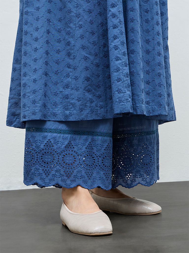 Zuba Indigo Schiffli Embroidered Palazzos