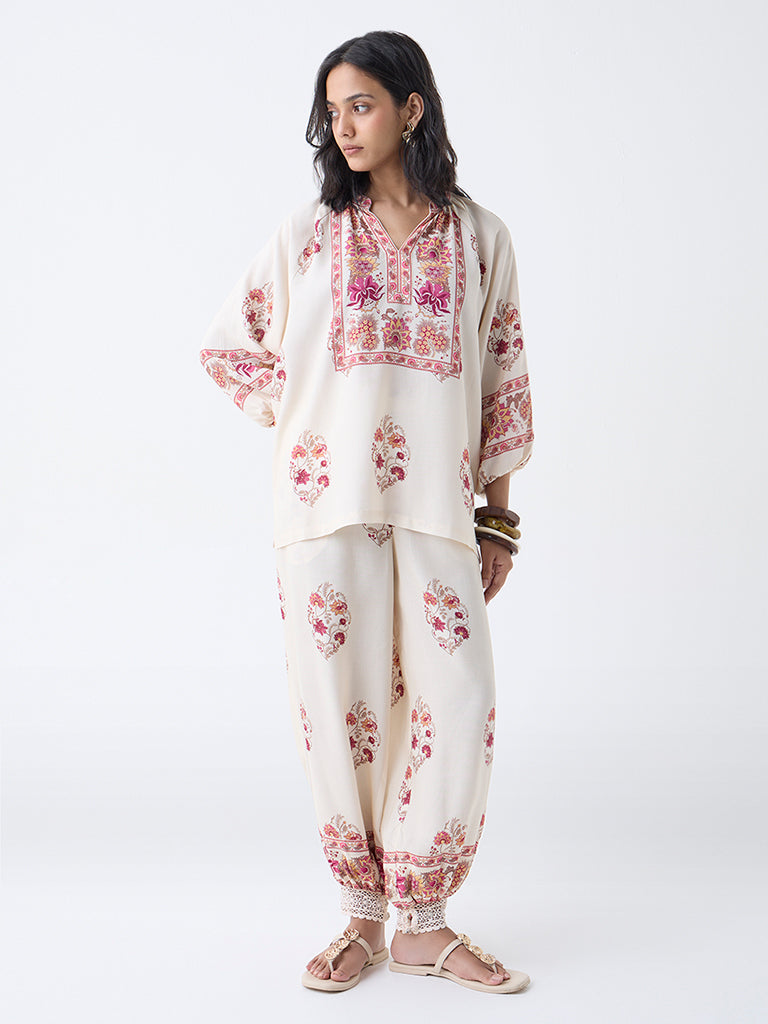 Utsa Off-White Floral Pattern Harem-Style Pants
