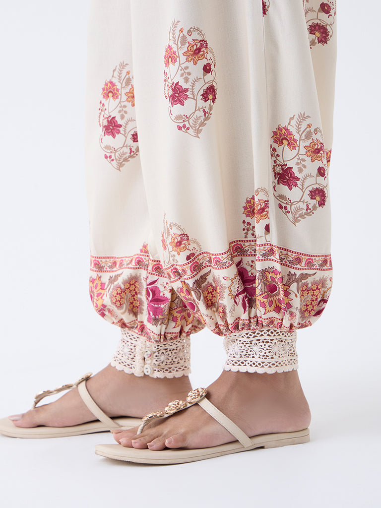 Utsa Off-White Floral Pattern Harem-Style Pants