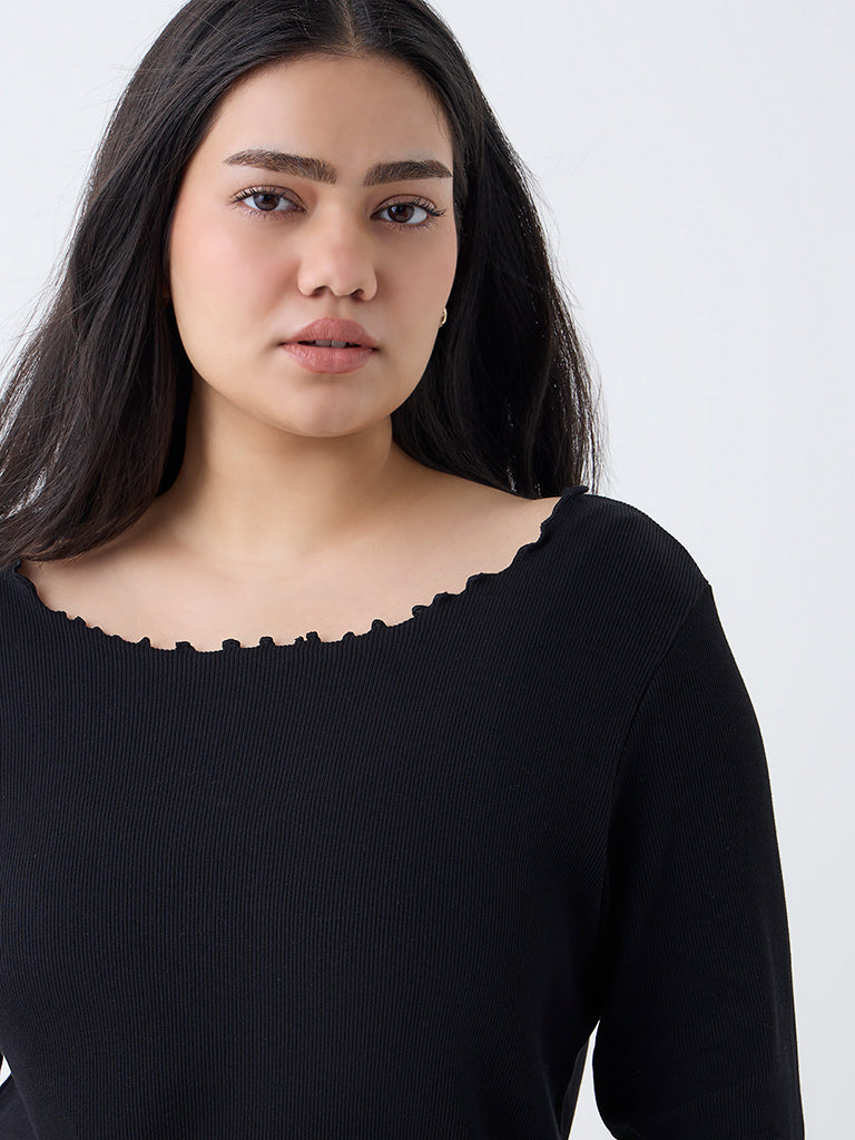 Gia Black Ribbed-Textured T-Shirt