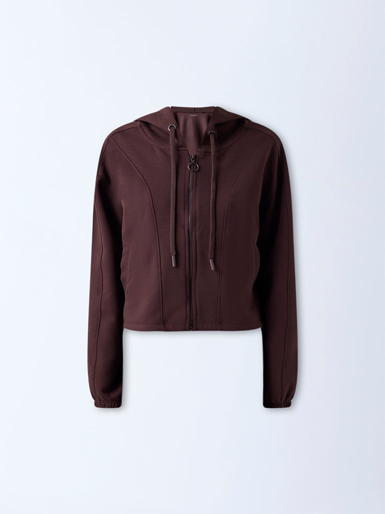 Studiofit Dark Brown Solid Hooded Jacket