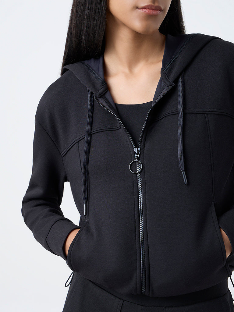 Studiofit Black Solid Hooded Jacket