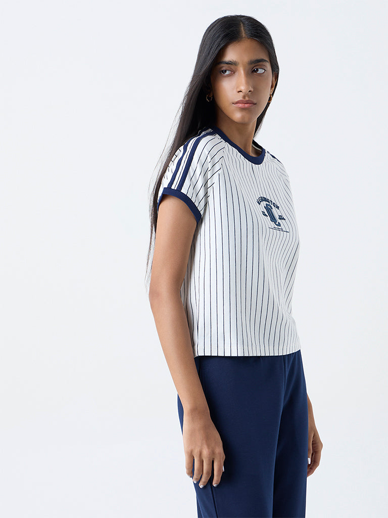 Studiofit White Striped Cotton-Blend T-Shirt