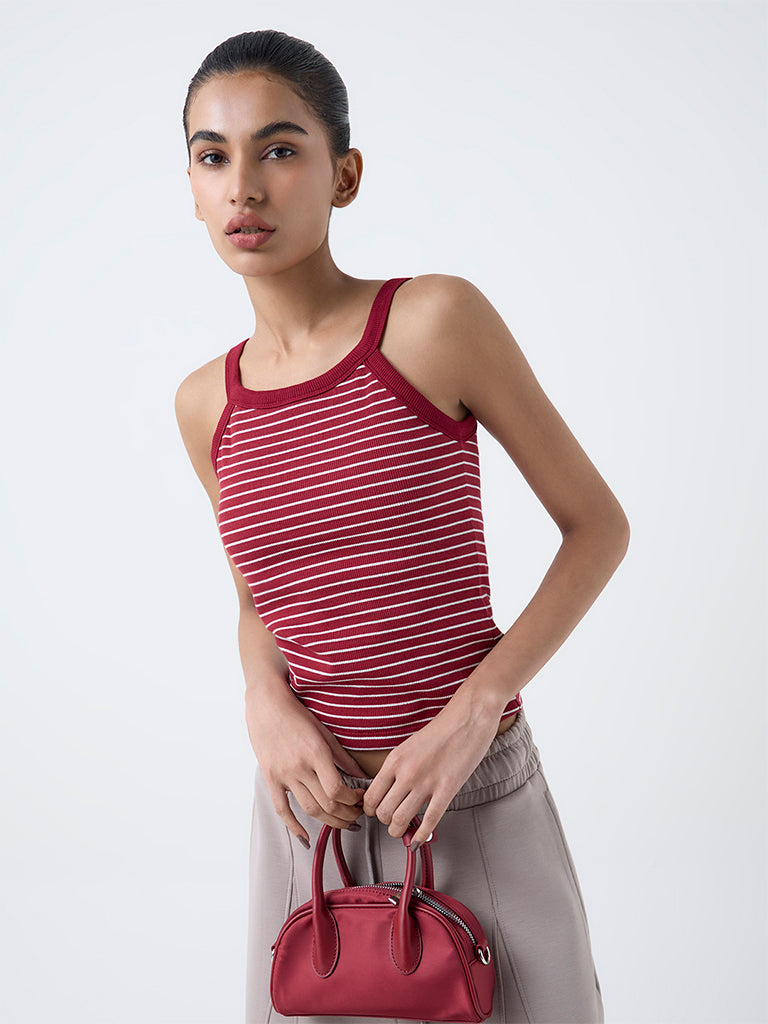 Studiofit Maroon Striped Cotton-Blend Tank Top