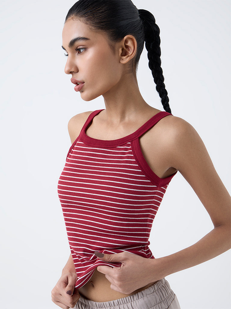 Studiofit Maroon Striped Cotton-Blend Tank Top