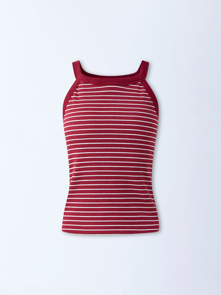 Studiofit Maroon Striped Cotton-Blend Tank Top