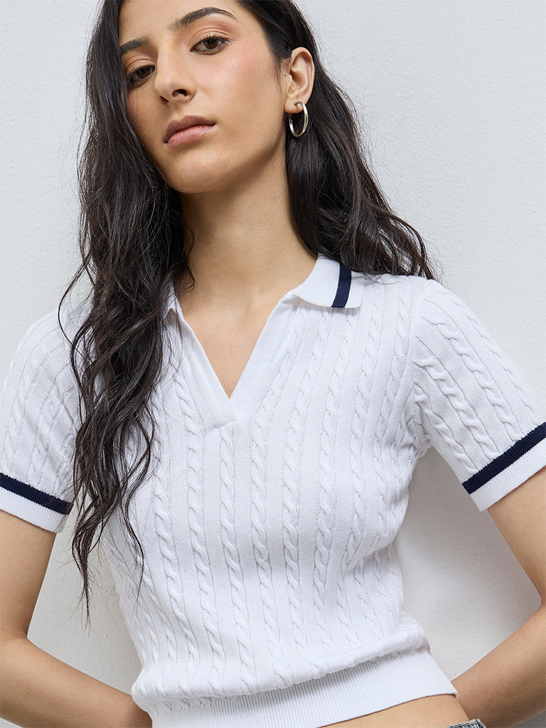 Nuon White Cable-Knit Textured T-Shirt