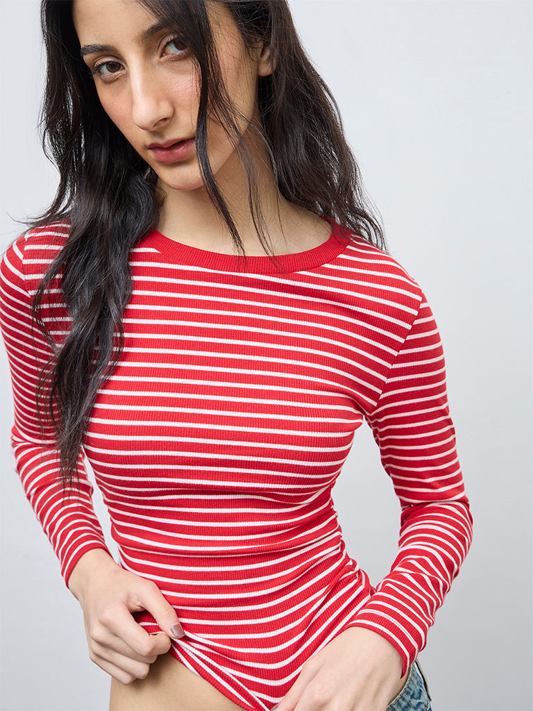 Nuon Red Striped Cotton-Blend Top