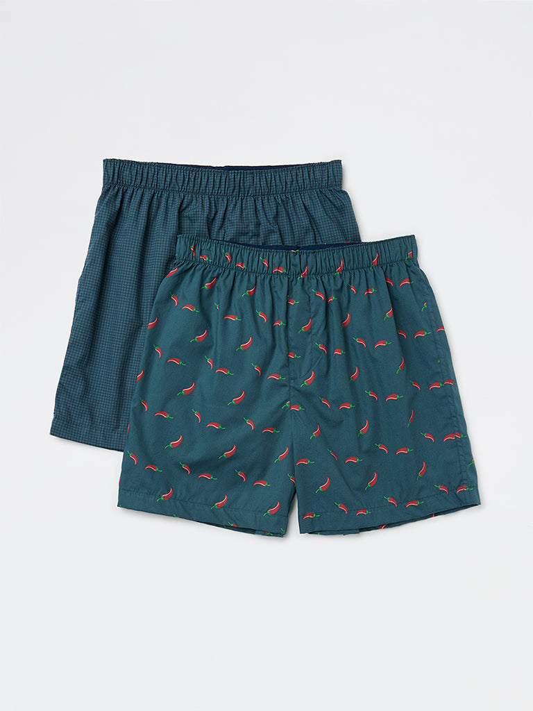 WES Lounge Teal Relaxed-Fit Cotton Boxers - Pack of 2