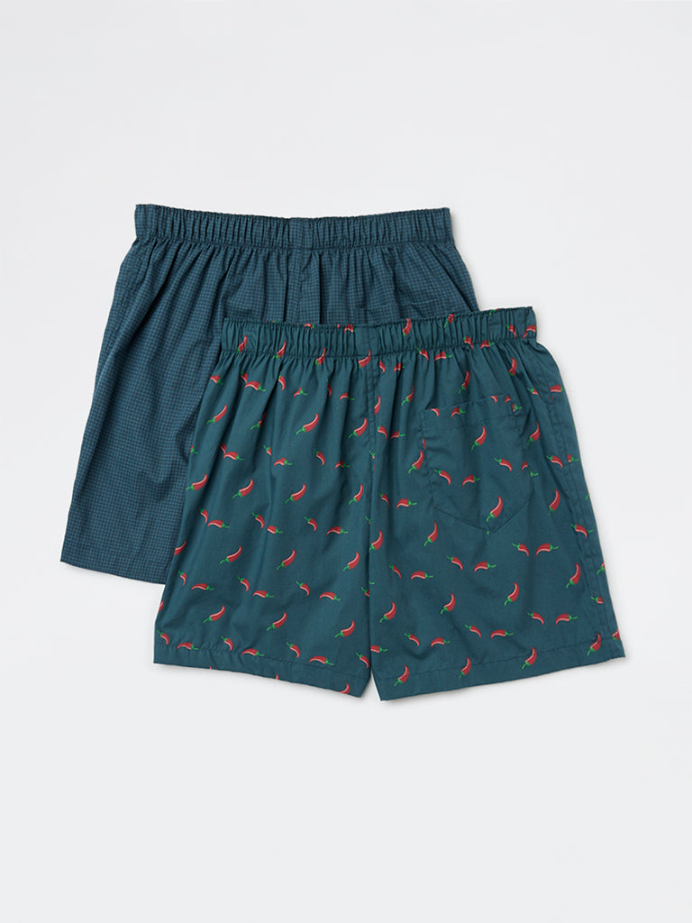 WES Lounge Teal Relaxed-Fit Cotton Boxers - Pack of 2