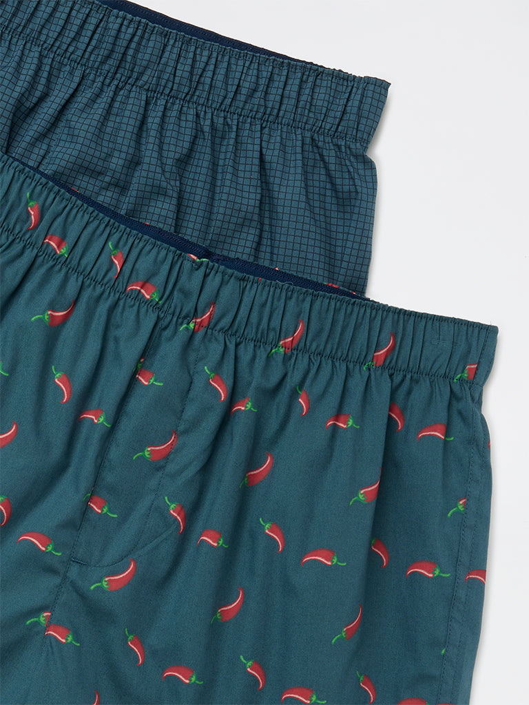 WES Lounge Teal Relaxed-Fit Cotton Boxers - Pack of 2