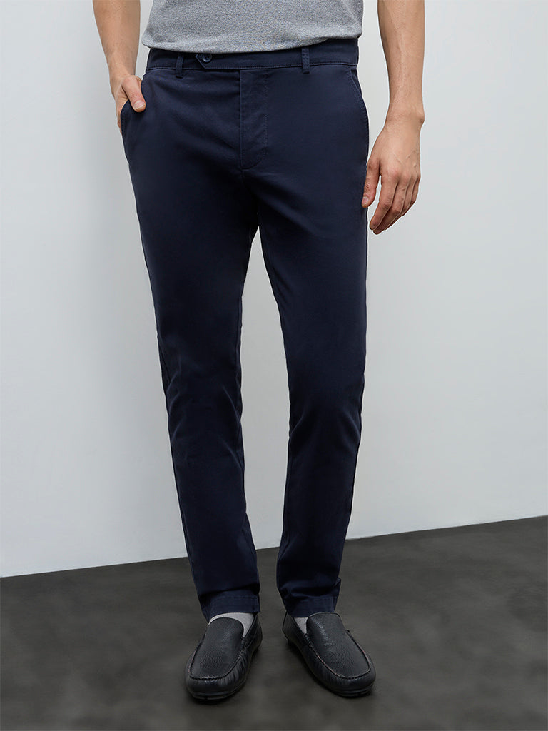 WES Casuals Navy Relaxed-Fit Mid-Rise Cotton-Blend Chinos