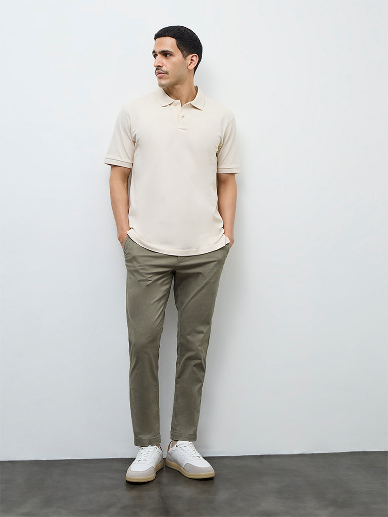 WES Casuals Olive Relaxed-Fit Mid-Rise Cotton-Blend Trousers