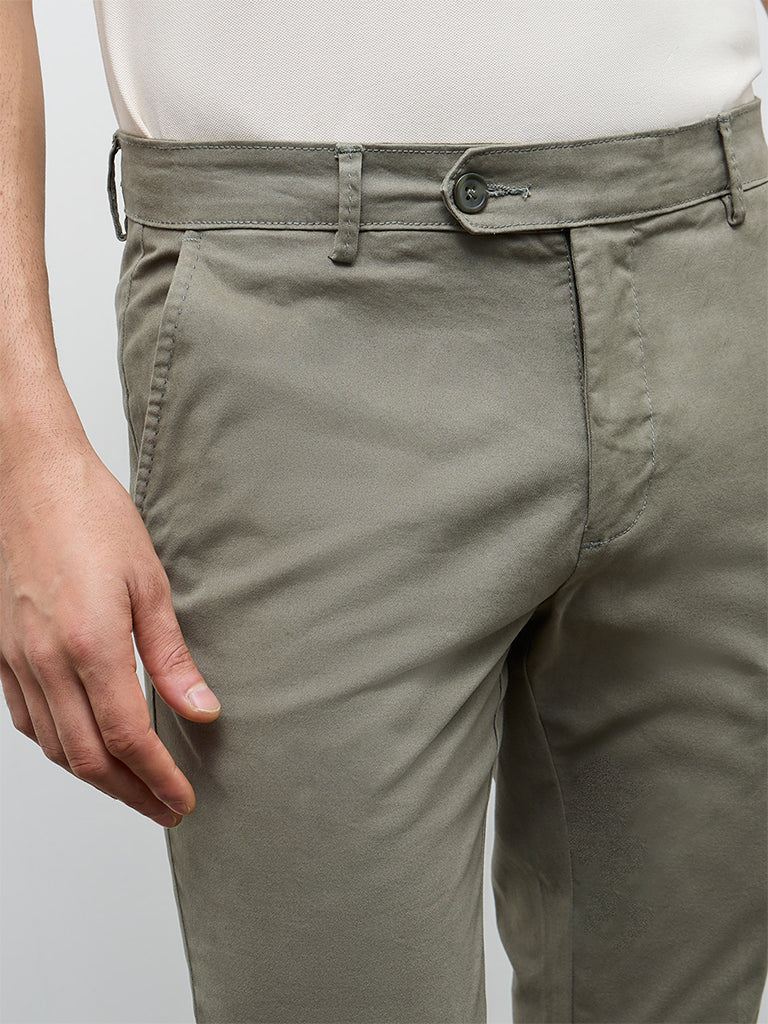 WES Casuals Olive Relaxed-Fit Mid-Rise Cotton-Blend Trousers