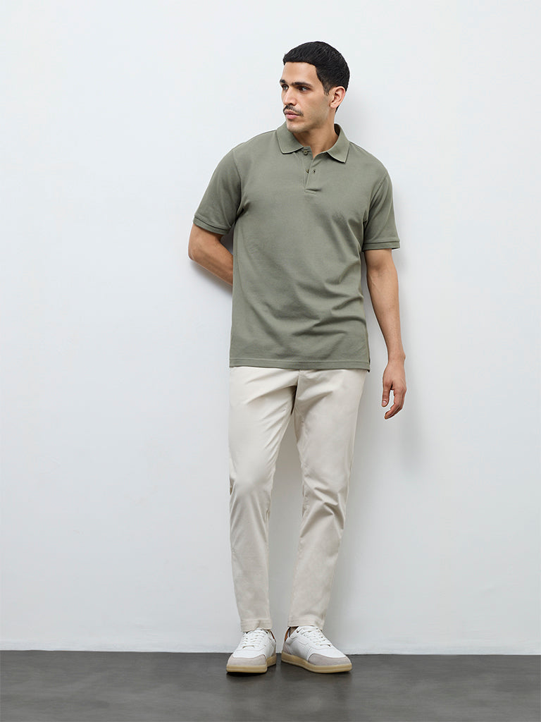 WES Casuals Beige Relaxed-Fit Mid-Rise Cotton-Blend Trousers