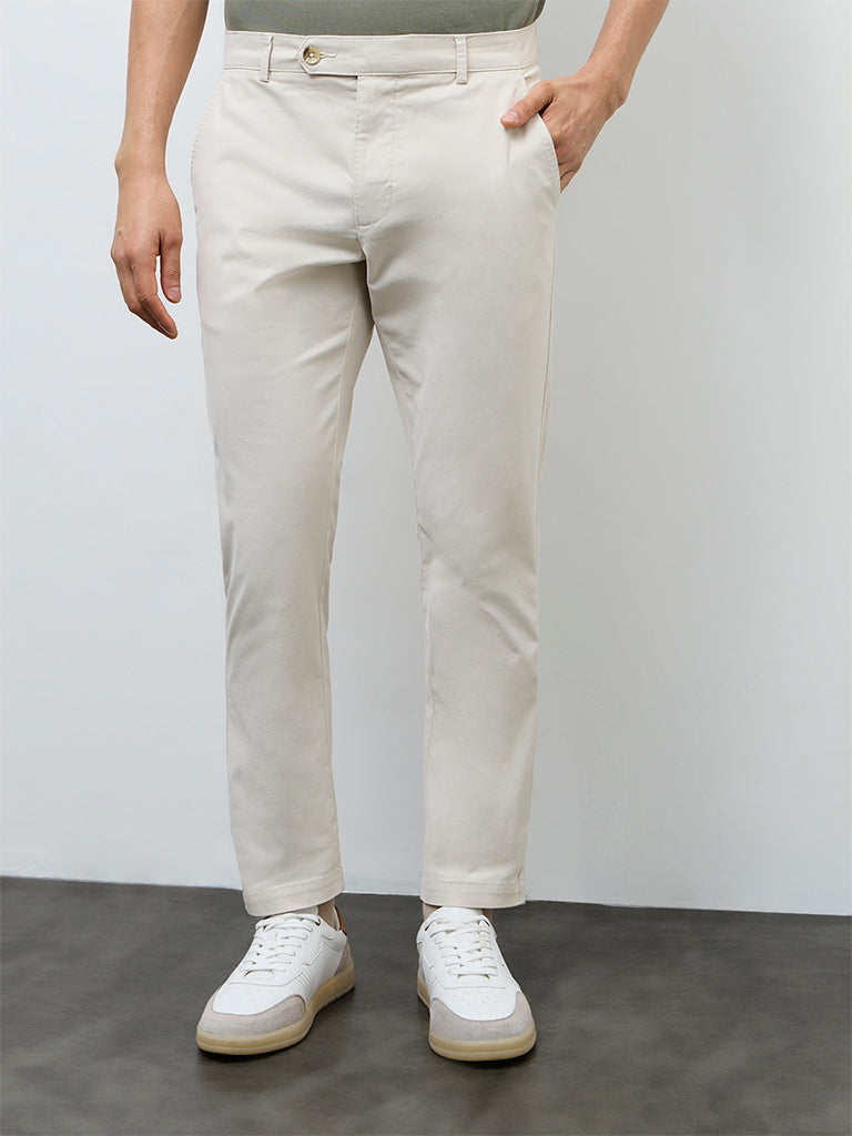 WES Casuals Beige Relaxed-Fit Mid-Rise Cotton-Blend Trousers