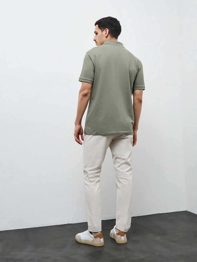 WES Casuals Beige Relaxed-Fit Mid-Rise Cotton-Blend Trousers