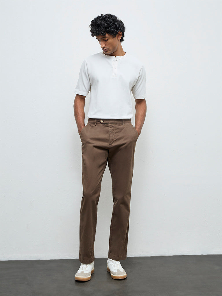 WES Casuals Taupe Relaxed-Fit Mid-Rise Cotton-Blend Trousers