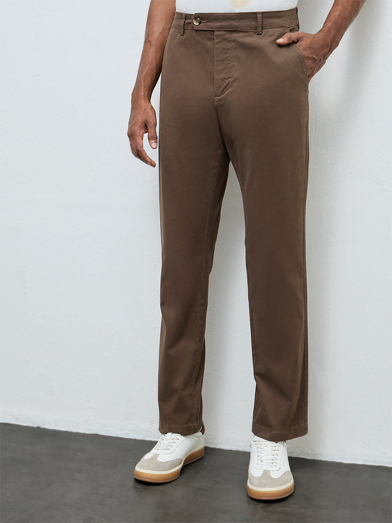 WES Casuals Taupe Relaxed-Fit Mid-Rise Cotton-Blend Trousers