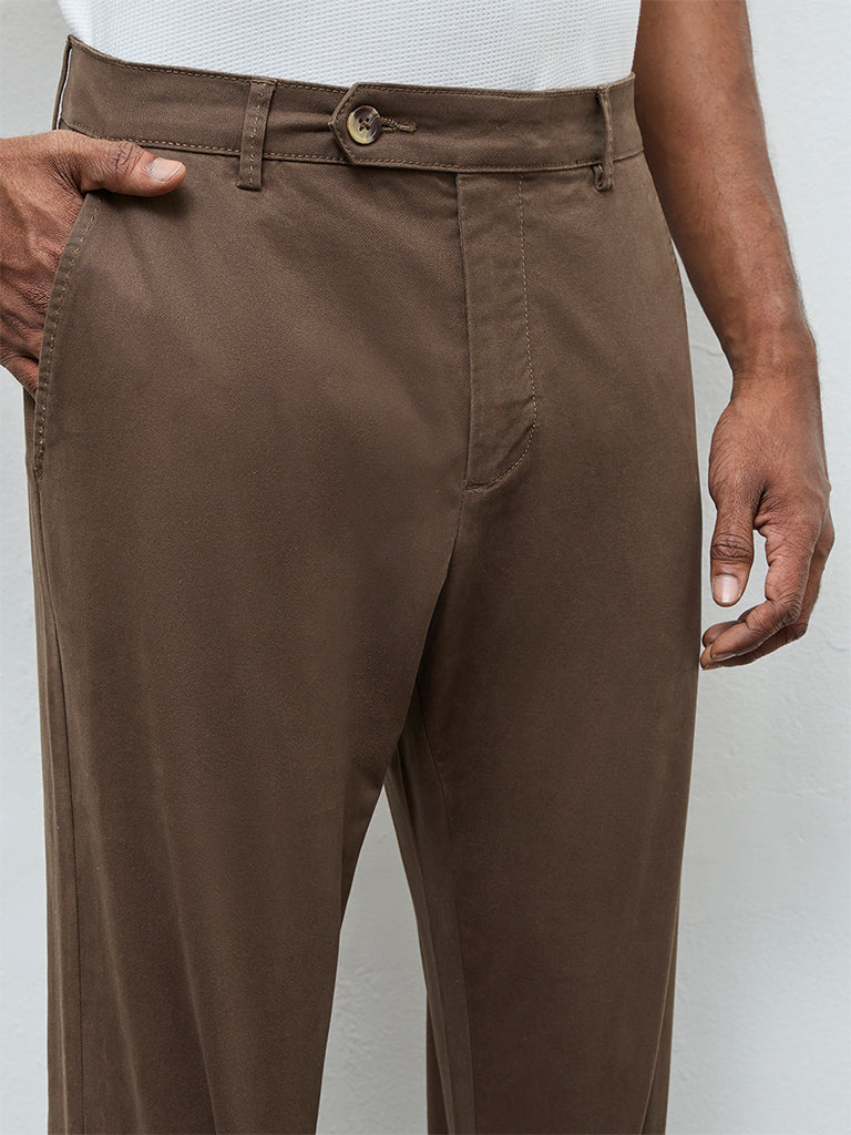 WES Casuals Taupe Relaxed-Fit Mid-Rise Cotton-Blend Trousers