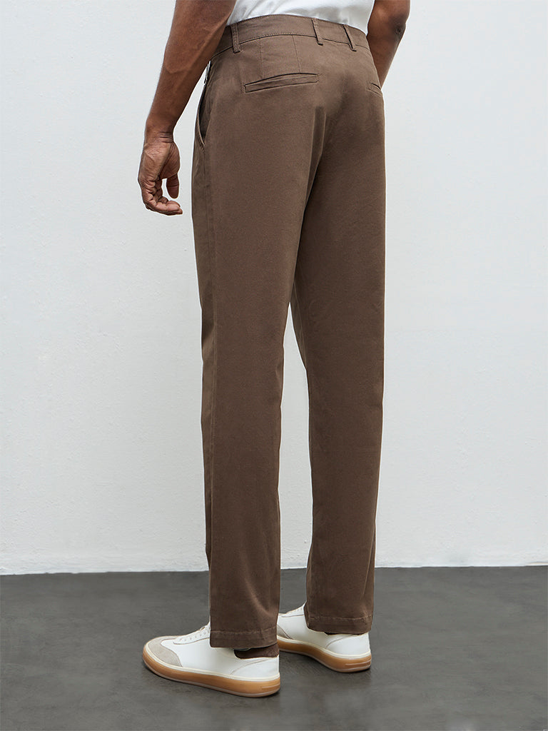 WES Casuals Taupe Relaxed-Fit Mid-Rise Cotton-Blend Trousers