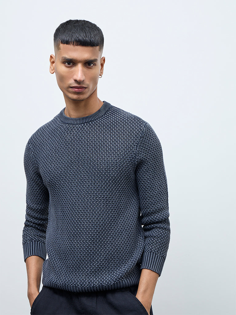 ETA Charcoal Knitted-Textured Relaxed-Fit Cotton Sweater