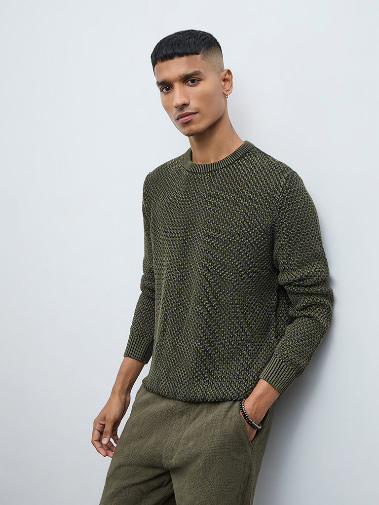 ETA Olive Knitted Textured Relaxed-Fit Cotton Sweater