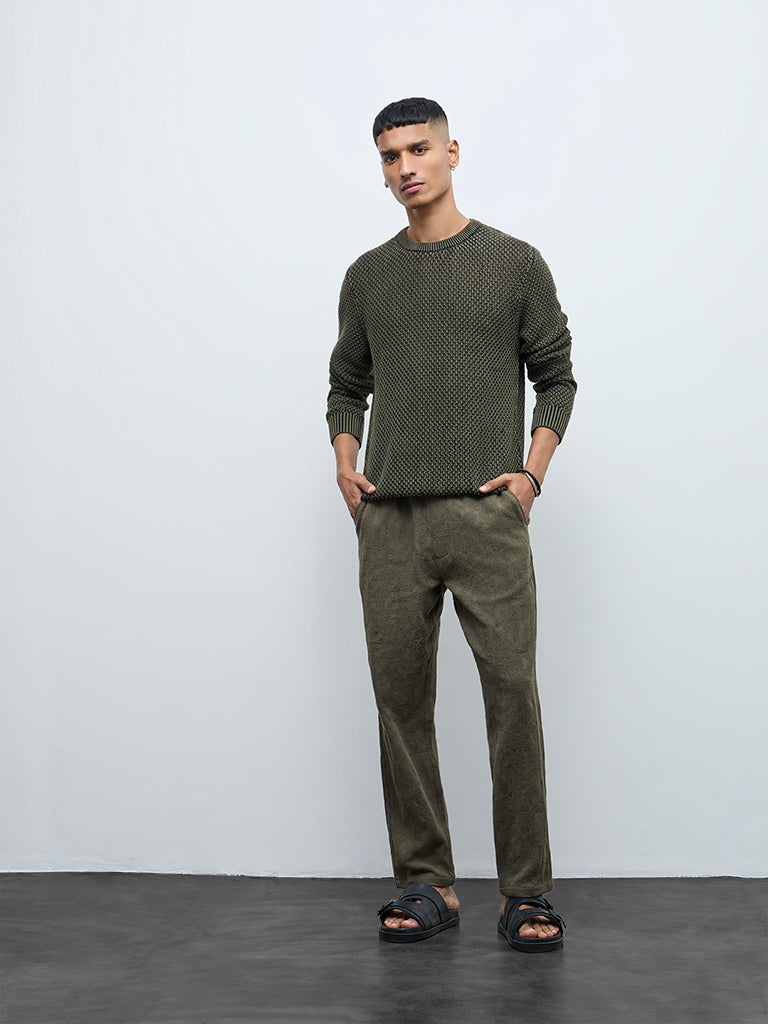 ETA Olive Knitted Textured Relaxed-Fit Cotton Sweater