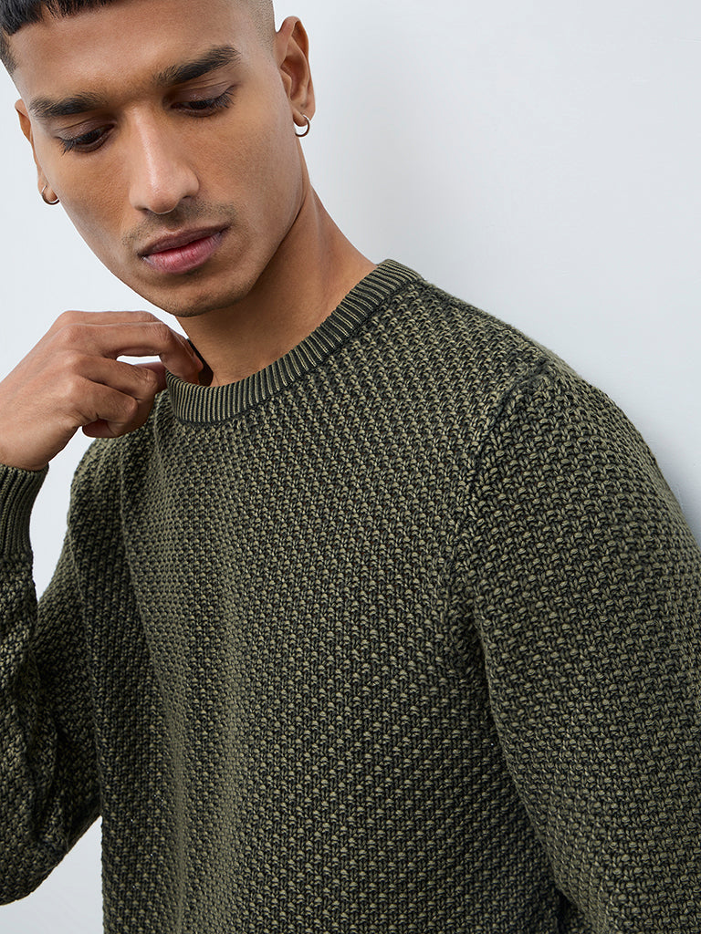 ETA Olive Knitted Textured Relaxed-Fit Cotton Sweater
