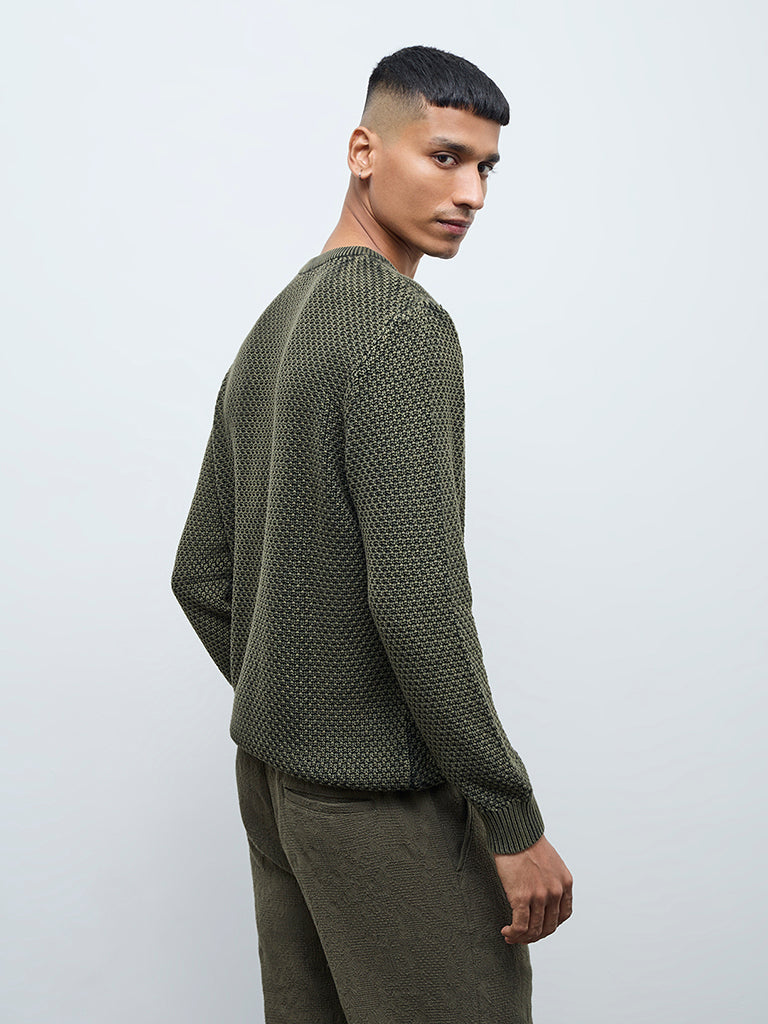 ETA Olive Knitted Textured Relaxed-Fit Cotton Sweater