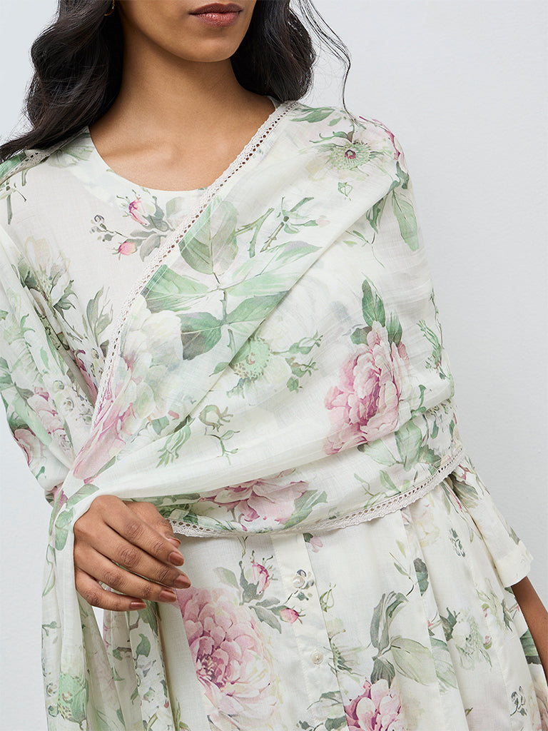 Zuba Off-White Floral Dupatta