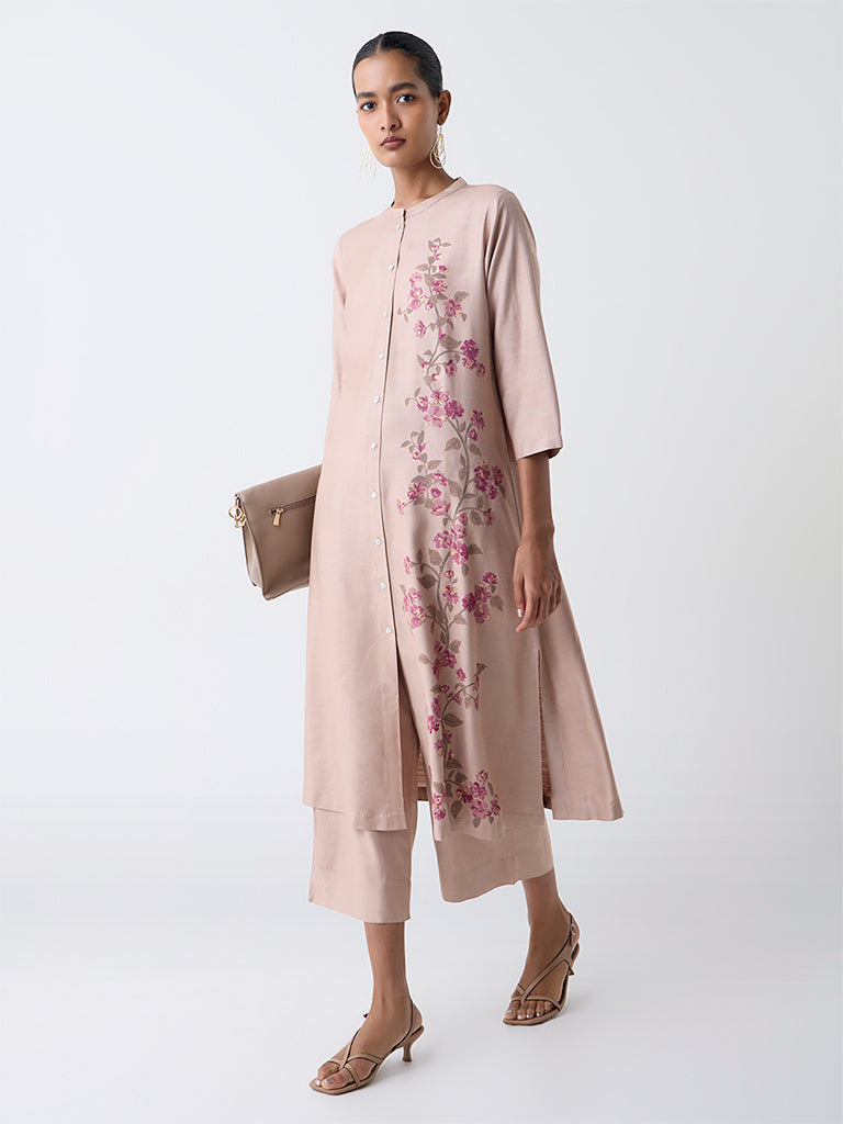 Zuba Beige Floral Printed A-Line Kurta