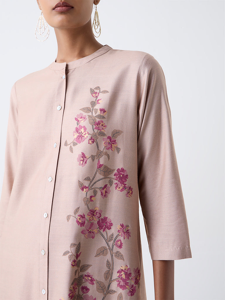 Zuba Beige Floral Printed A-Line Kurta