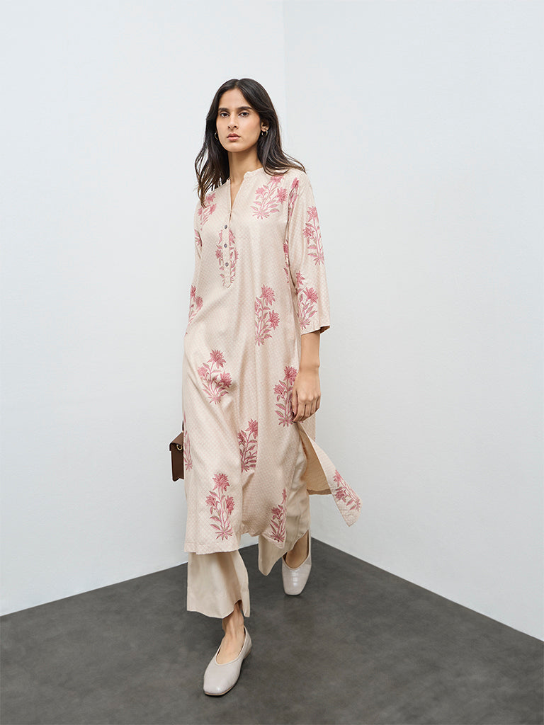 Zuba Beige Floral A-Line Kurta